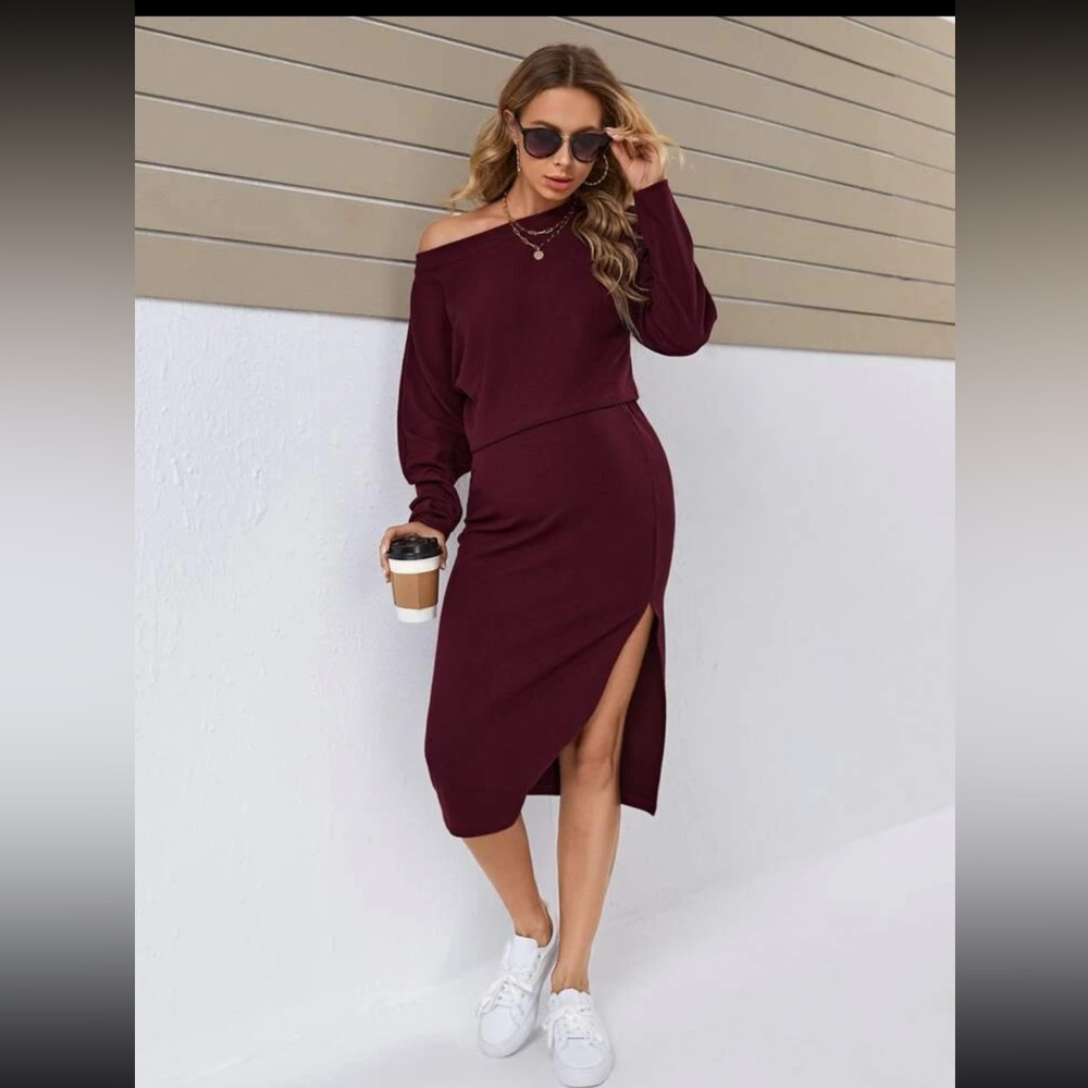 (2 Pieces) Maternity top & adjustable skirt with slit